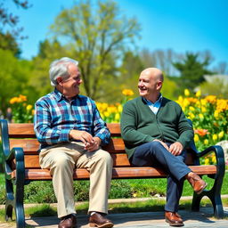 Two elderly men sitting on a wooden park bench, smiling and chatting with each other