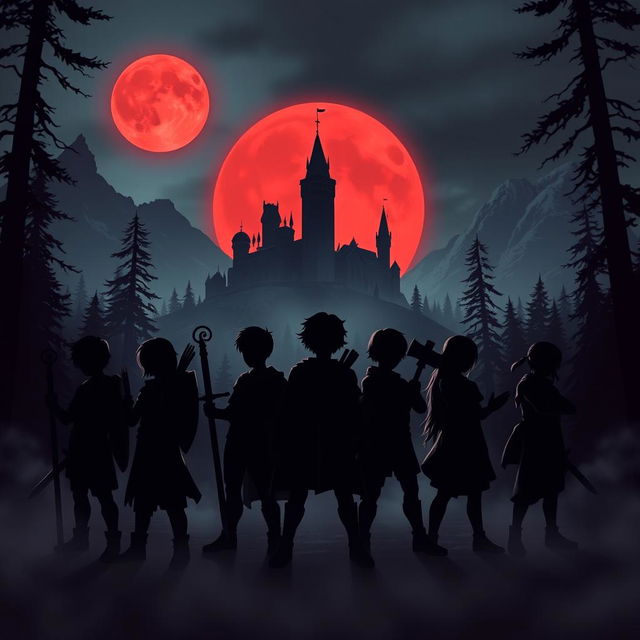 In a dark and mysterious kingdom, the silhouette of seven young heroes stands boldly against a backdrop of a foreboding castle surrounded by thick forests