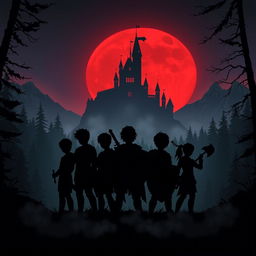 In a dark and mysterious kingdom, the silhouette of seven young heroes stands boldly against a backdrop of a foreboding castle surrounded by thick forests