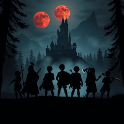 In a dark and mysterious kingdom, the silhouette of seven young heroes stands boldly against a backdrop of a foreboding castle surrounded by thick forests