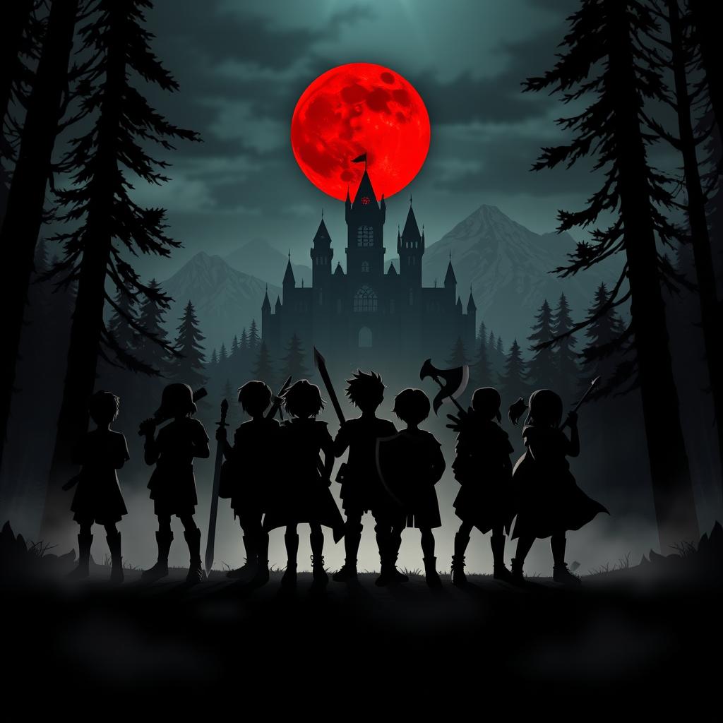 In a dark and mysterious kingdom, the silhouette of seven young heroes stands boldly against a backdrop of a foreboding castle surrounded by thick forests