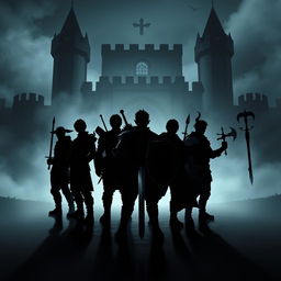 In a dark and mysterious kingdom, the silhouette of seven adult male heroes stands resolutely against a backdrop of an ominous castle, shrouded in mist