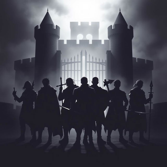 In a dark and mysterious kingdom, the silhouette of seven adult male heroes stands resolutely against a backdrop of an ominous castle, shrouded in mist