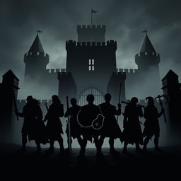 In a dark and mysterious kingdom, the silhouette of seven adult male heroes stands resolutely against a backdrop of an ominous castle, shrouded in mist