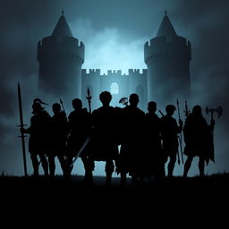 In a dark and mysterious kingdom, the silhouette of seven adult male heroes stands resolutely against a backdrop of an ominous castle, shrouded in mist
