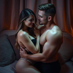 A sensual and intimate scene featuring a couple in a cozy, dimly lit room, embracing each other tenderly