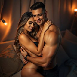 A sensual and intimate scene featuring a couple in a cozy, dimly lit room, embracing each other tenderly