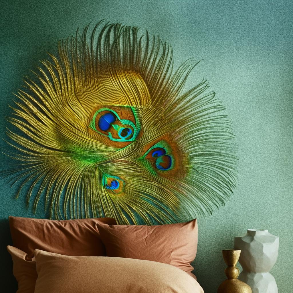 A bedroom wall featuring a vibrant design of Mor Pankh, the peacock feather, beautifully painted in its natural colors of green, blue, and gold.