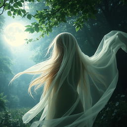 A mystical, ethereal landscape featuring a serene forest glade bathed in soft moonlight