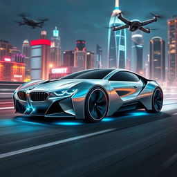 A futuristic BMW car with a sleek aerodynamic design, featuring smooth curves and a glowing blue underglow