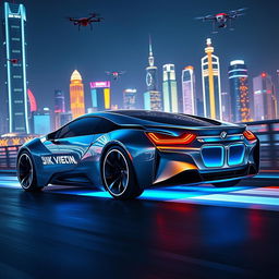 A futuristic BMW car with a sleek aerodynamic design, featuring smooth curves and a glowing blue underglow