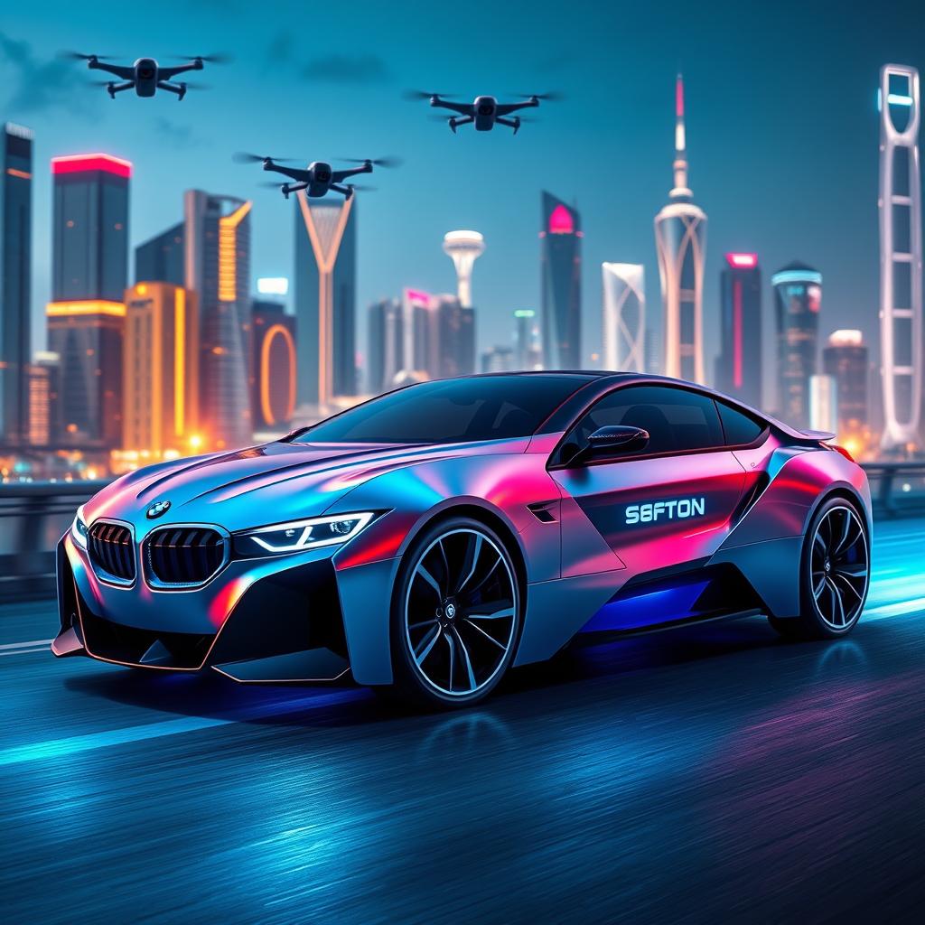 A futuristic BMW car with a sleek aerodynamic design, featuring smooth curves and a glowing blue underglow