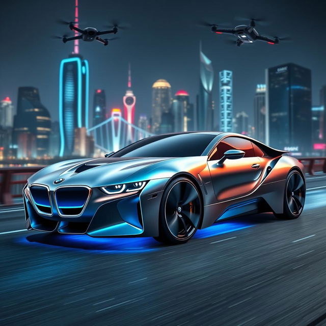 A futuristic BMW car with a sleek aerodynamic design, featuring smooth curves and a glowing blue underglow