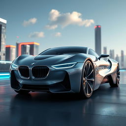 A photorealistic image of a futuristic BMW car, showcasing sleek lines and advanced design features