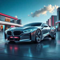 A photorealistic image of a futuristic BMW car, showcasing sleek lines and advanced design features