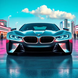 A photorealistic image of a futuristic BMW car, showcasing sleek lines and advanced design features