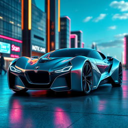 A photorealistic image of a futuristic BMW car, showcasing sleek lines and advanced design features