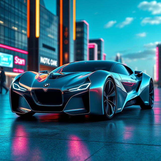 A photorealistic image of a futuristic BMW car, showcasing sleek lines and advanced design features