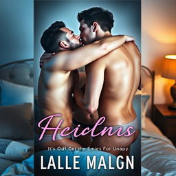 An erotic and captivating book cover depicting two shirtless men passionately kissing in a cozy bedroom setting