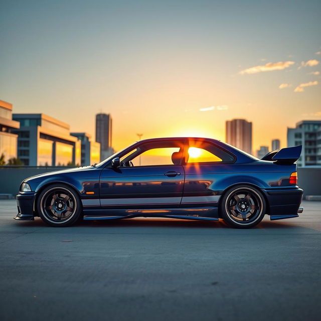 A stunning modified BMW E36, showcasing its sleek silhouette and aggressive stance