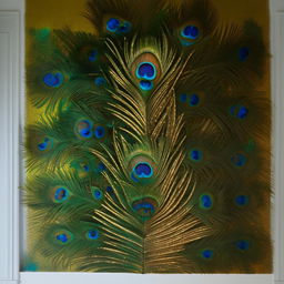 A bedroom wall featuring a vibrant design of Mor Pankh, the peacock feather, beautifully painted in its natural colors of green, blue, and gold.