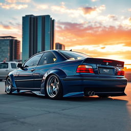 A stunning modified BMW E36, showcasing its sleek silhouette and aggressive stance