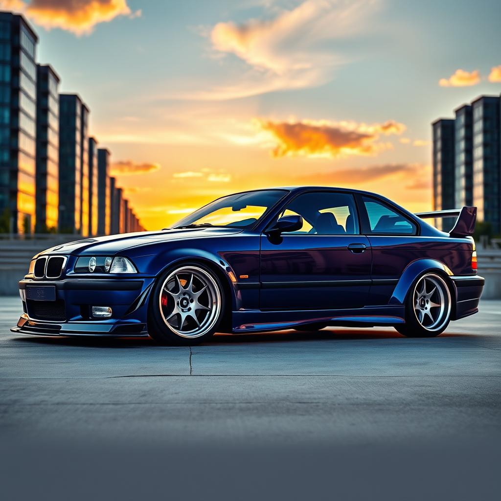 A stunning modified BMW E36, showcasing its sleek silhouette and aggressive stance