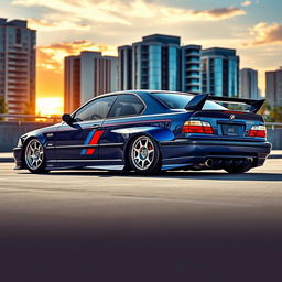 A stunning modified BMW E36, showcasing its sleek silhouette and aggressive stance
