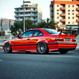 A photo-realistic image of a tuned BMW E36, showcasing its sleek and sporty design