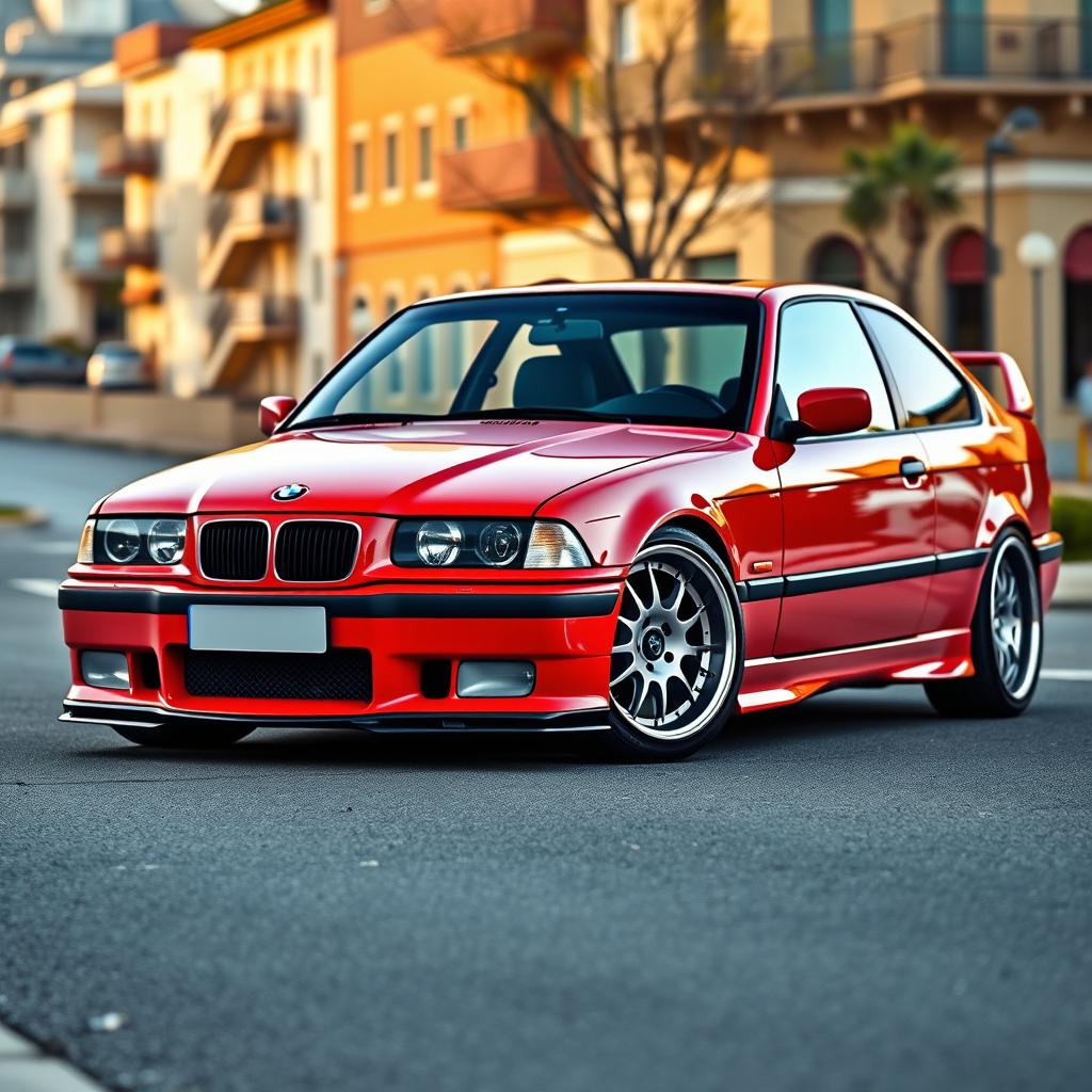 A photo-realistic image of a tuned BMW E36, showcasing its sleek and sporty design