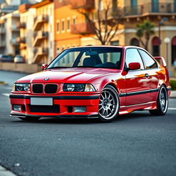 A photo-realistic image of a tuned BMW E36, showcasing its sleek and sporty design