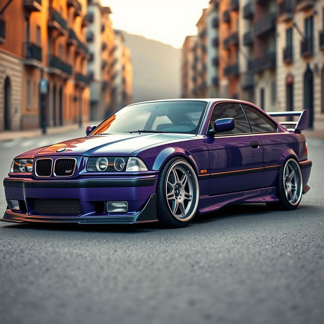 A photo-realistic image of a tuned BMW E36, showcasing its sleek and sporty design