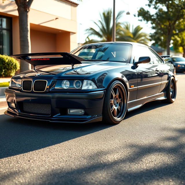 A photorealistic image of a tuned BMW E36, showcasing a detailed carbon fiber bodykit