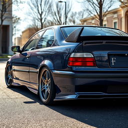 A photorealistic image of a tuned BMW E36, showcasing a detailed carbon fiber bodykit