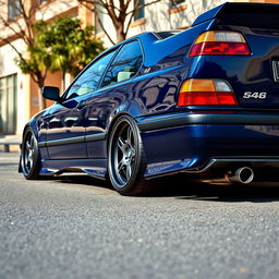 A photorealistic image of a tuned BMW E36, showcasing a detailed carbon fiber bodykit