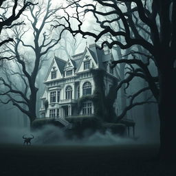 A large, eerie white mansion standing tall in the midst of a vast, dark forest