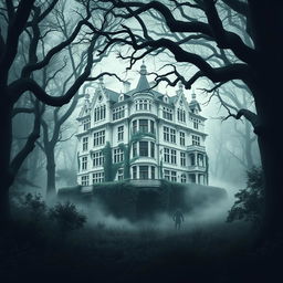 A large, eerie white mansion standing tall in the midst of a vast, dark forest