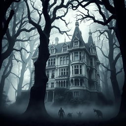 A large, eerie white mansion standing tall in the midst of a vast, dark forest