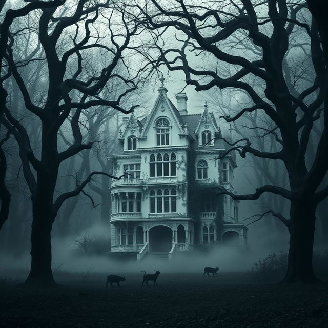 A large, eerie white mansion standing tall in the midst of a vast, dark forest