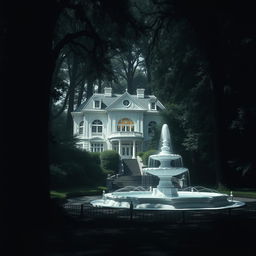 A grand white mansion nestled in the middle of a gigantic, dark forest, surrounded by towering trees
