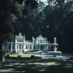 A grand white mansion nestled in the middle of a gigantic, dark forest, surrounded by towering trees