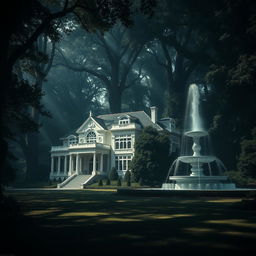 A grand white mansion nestled in the middle of a gigantic, dark forest, surrounded by towering trees