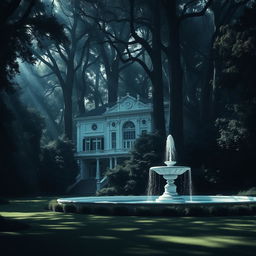 A grand white mansion nestled in the middle of a gigantic, dark forest, surrounded by towering trees