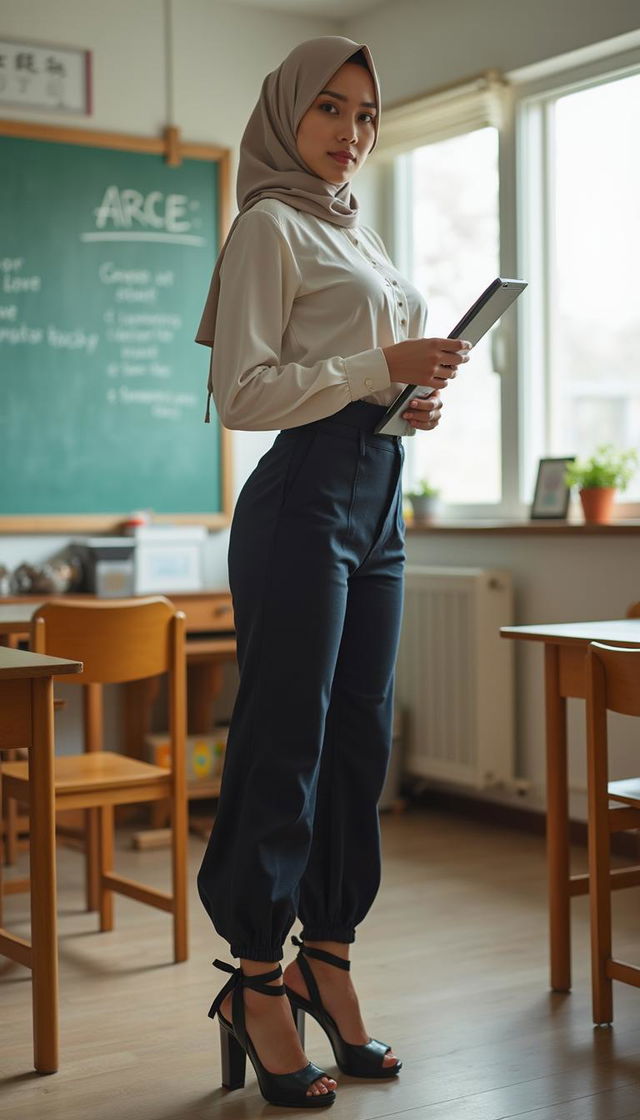 A seductive 40-year-old Japanese classroom teacher wearing a hijab, displaying her fair skin and attractive figure