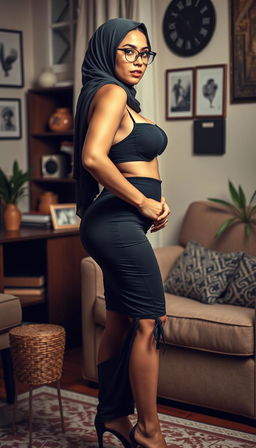 A seductive 40-year-old Latina classroom teacher wearing a hijab, featuring her fair skin and enticing figure