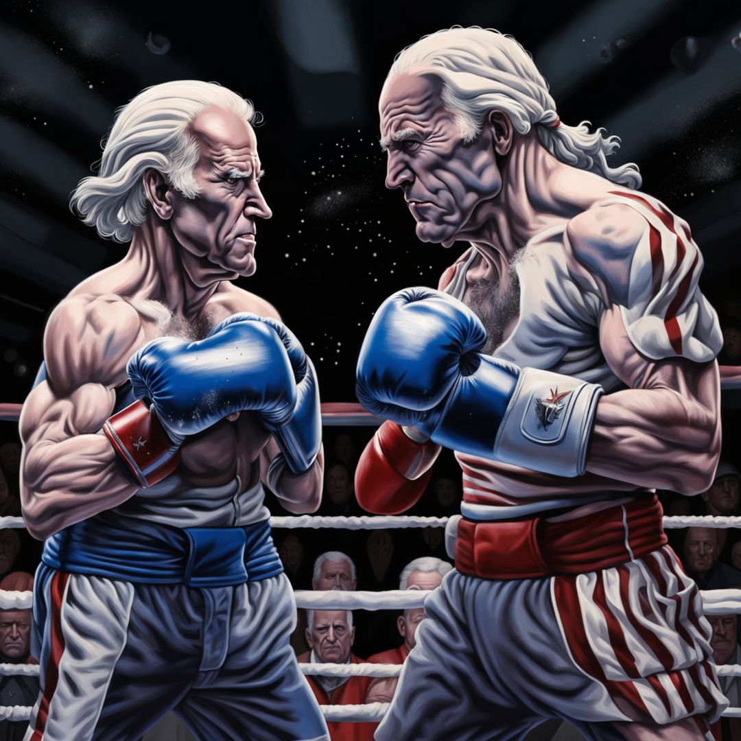 A high-quality digital art piece depicting a surreal boxing match between Joe Biden and George Washington