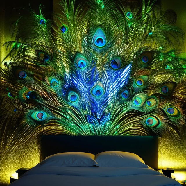 A bedroom wall showcasing an illuminated Mor Pankh, or peacock feather, theme using LED lights, accentuating the vibrant colors of green, blue, and gold.