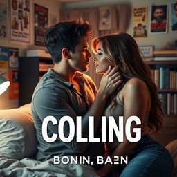 A sensual ebook cover depicting a scene in a cozy college dorm room, featuring a handsome brunette man being kissed by both a striking blonde man and a beautiful brunette woman