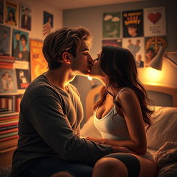 A sensual ebook cover depicting a scene in a cozy college dorm room, featuring a handsome brunette man being kissed by both a striking blonde man and a beautiful brunette woman