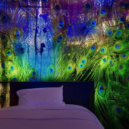 A bedroom wall showcasing an illuminated Mor Pankh, or peacock feather, theme using LED lights, accentuating the vibrant colors of green, blue, and gold.